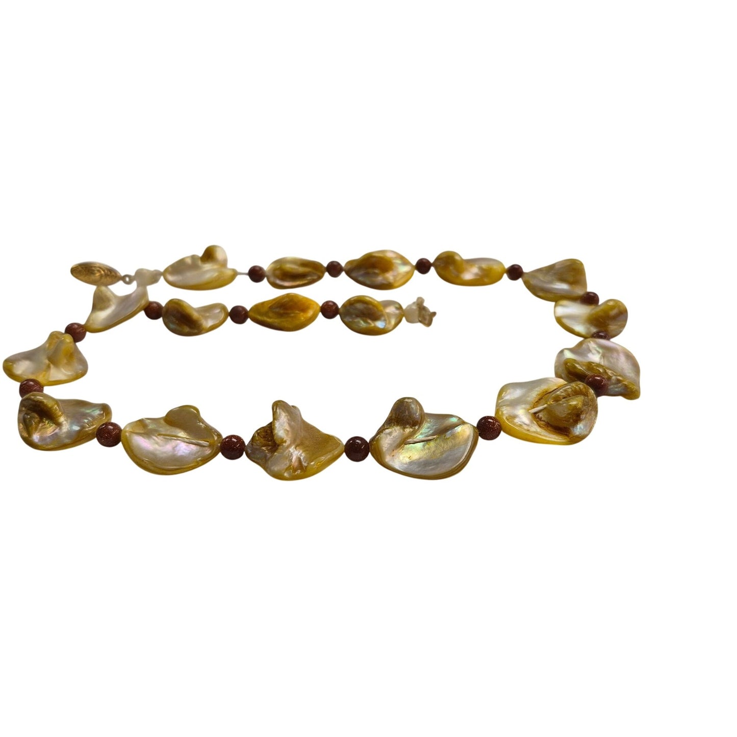 Yellow Mother of Pearl Necklace Goldstone Beads & Ornate Gold-Tone Clasp