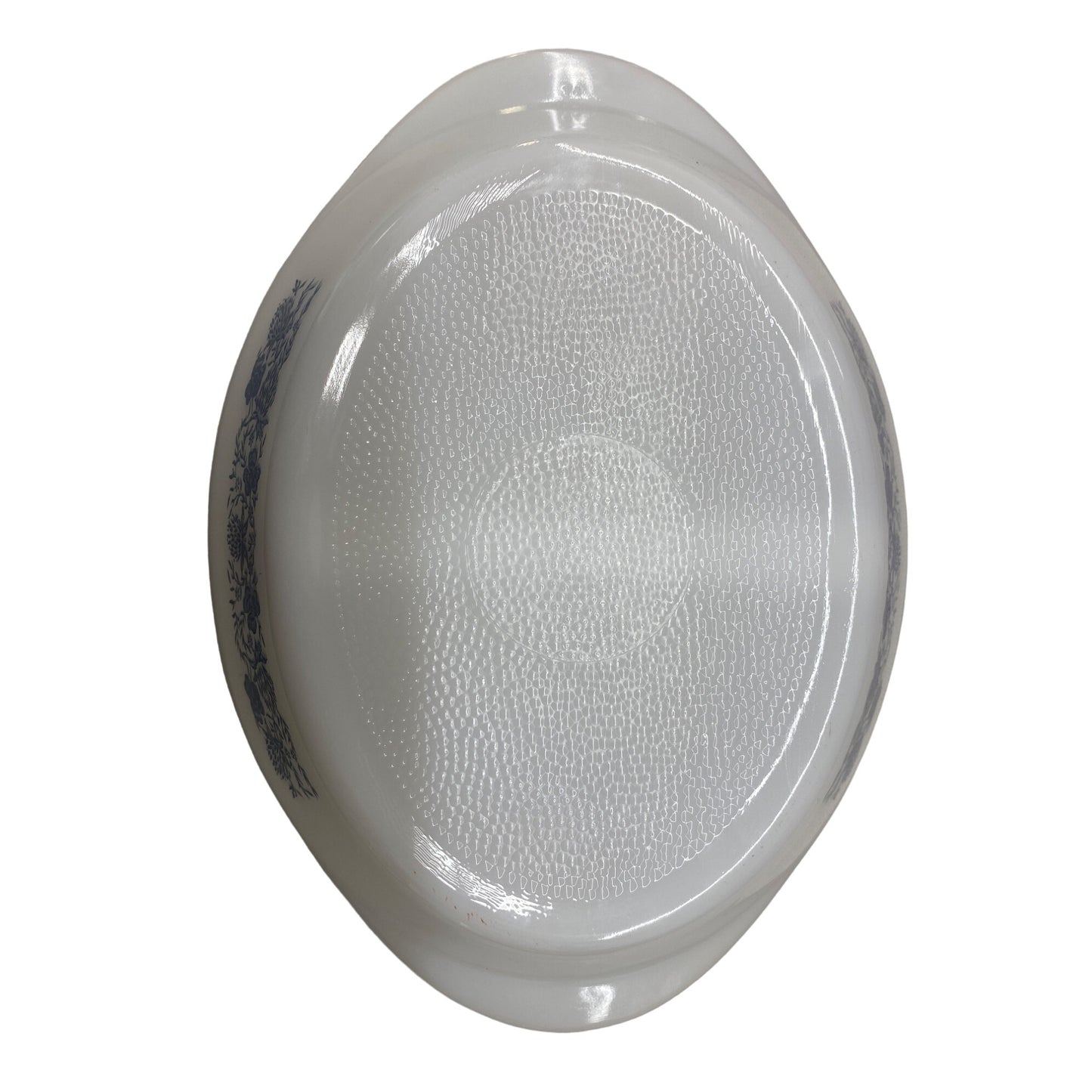 Vintage Glassbake Milk Glass Oval Divided Serving Dish 1.5 Qt White & Blue Floral Design