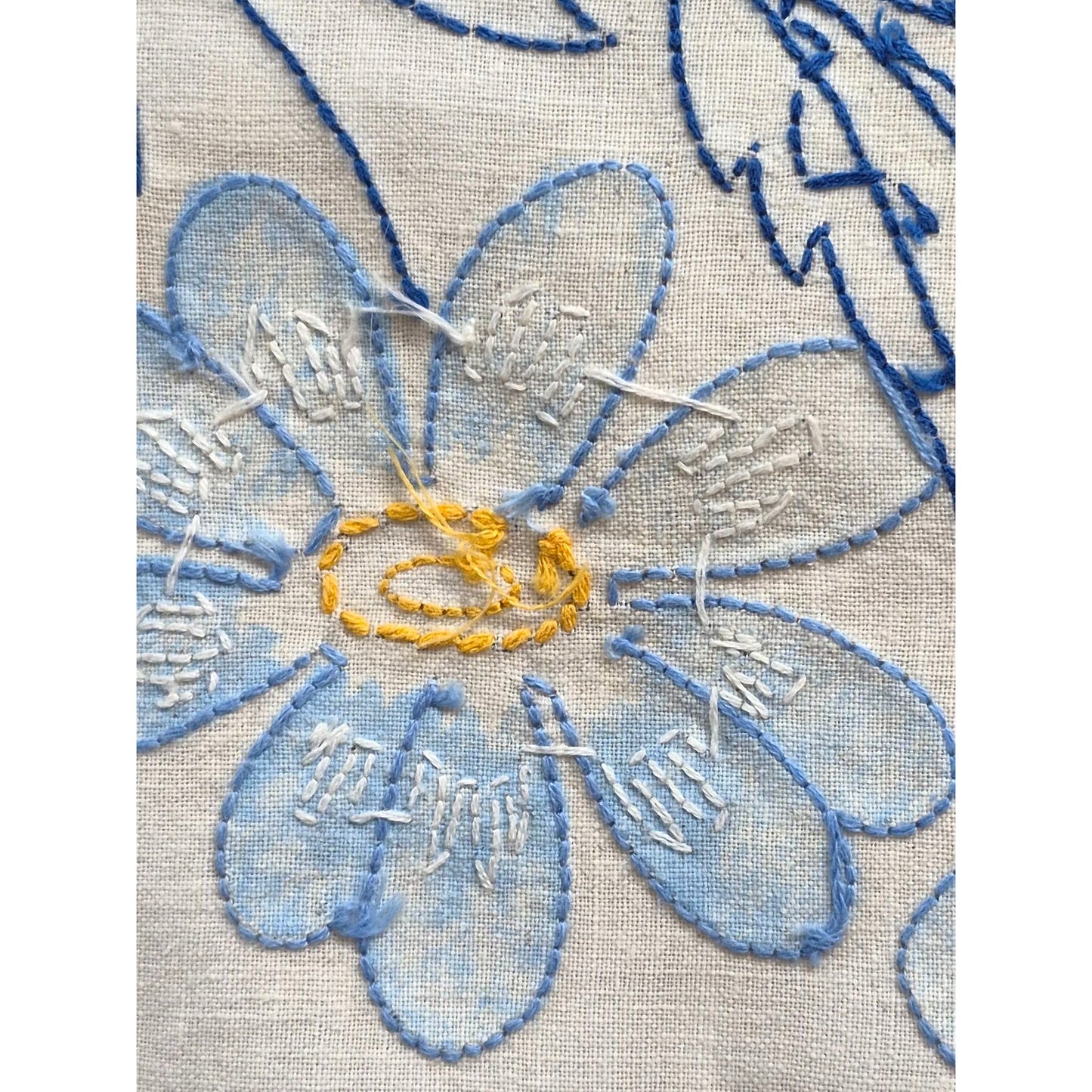 Vintage Embroidered Linen Dresser Scarf Floral Table Runner Blue Flowers & Lace Trim
