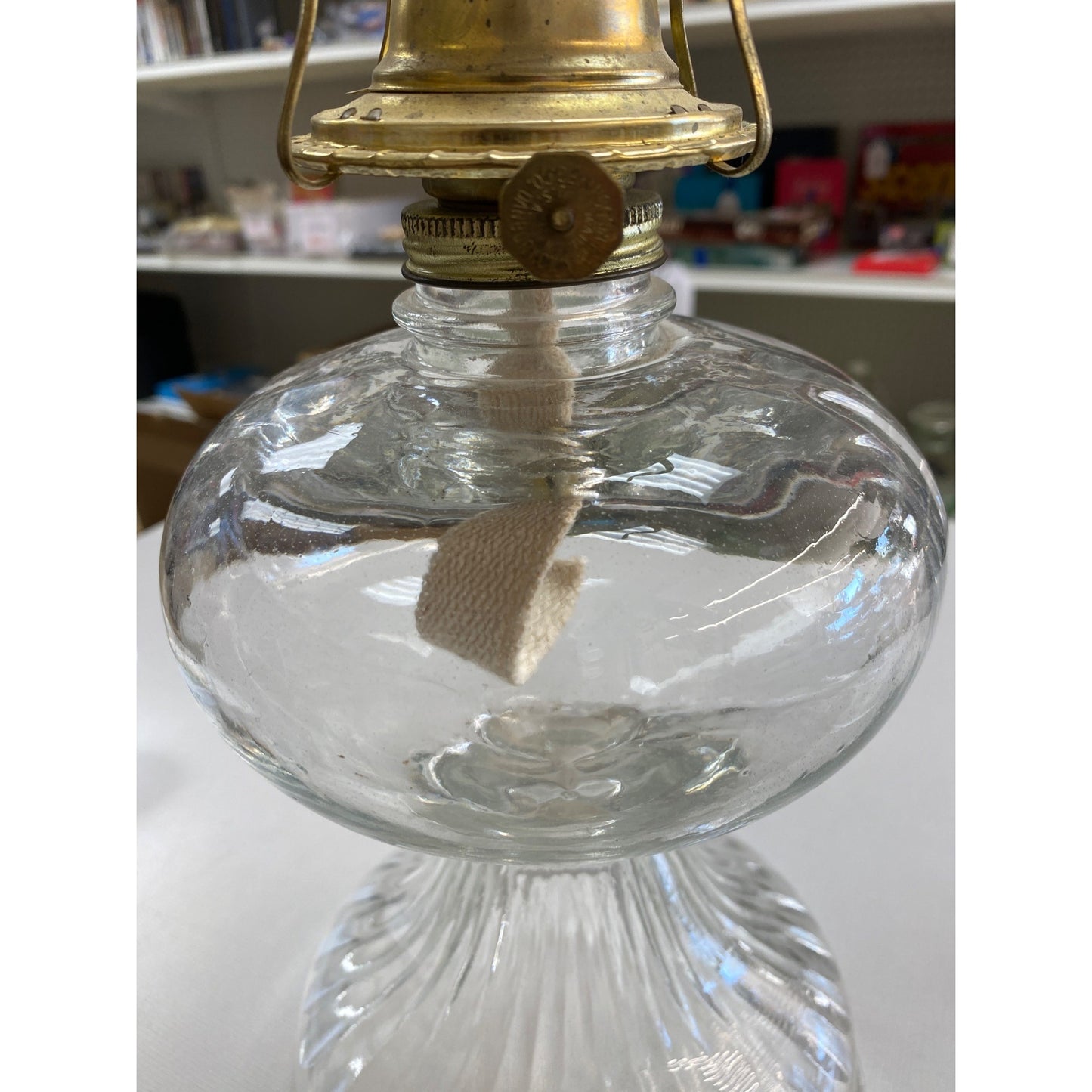 Antique Clear Glass Oil Lamp Eagle Brass Burner P&A Mfg Co 11” Vintage