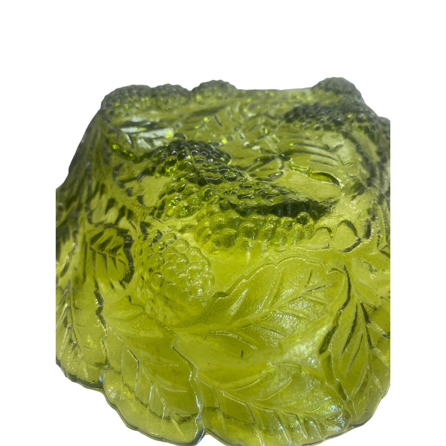 Green Depression Glass Berry Bowl With Leaf & Fruit Design