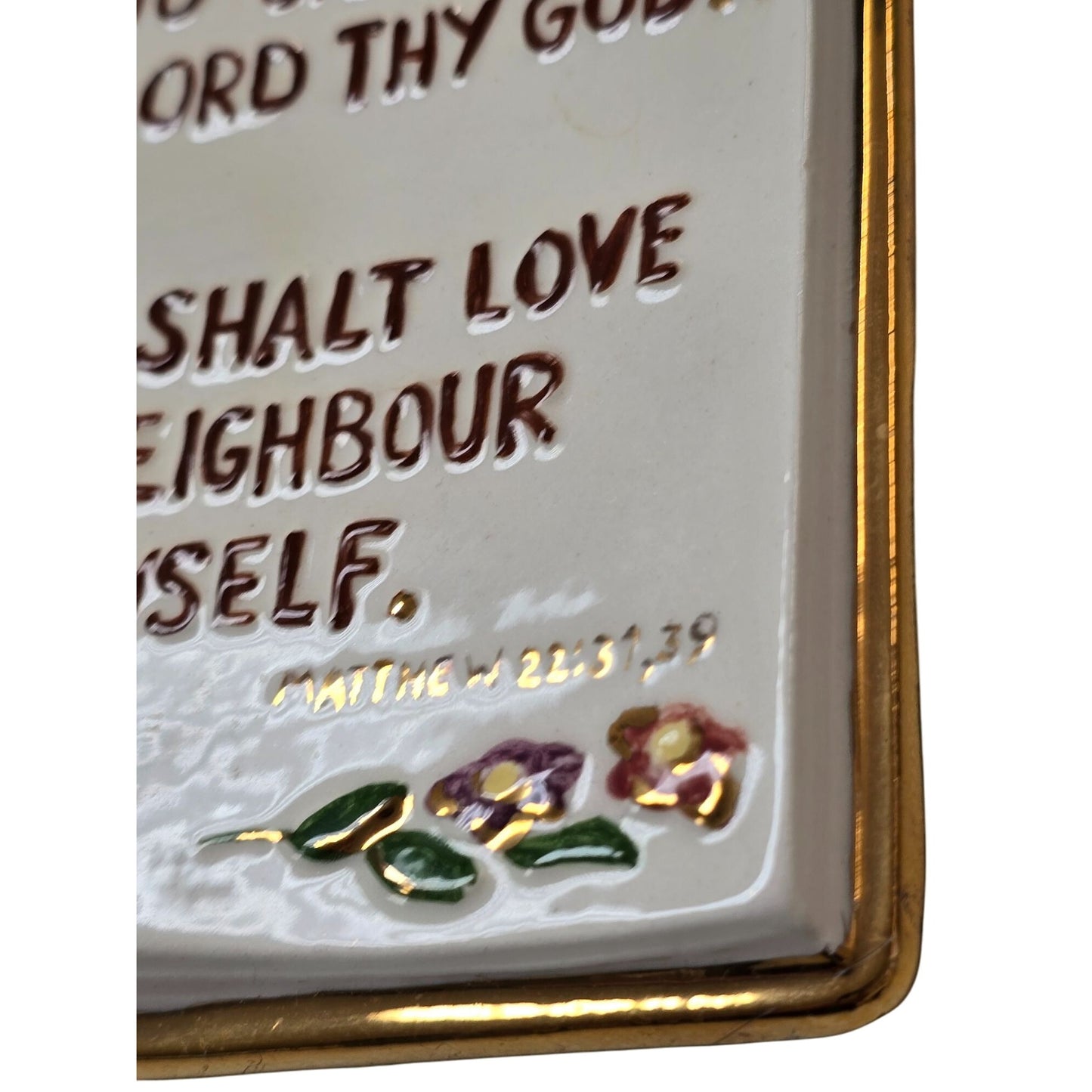 Vintage Ceramic Bible Jesus Plaque Mathew Gold Trim