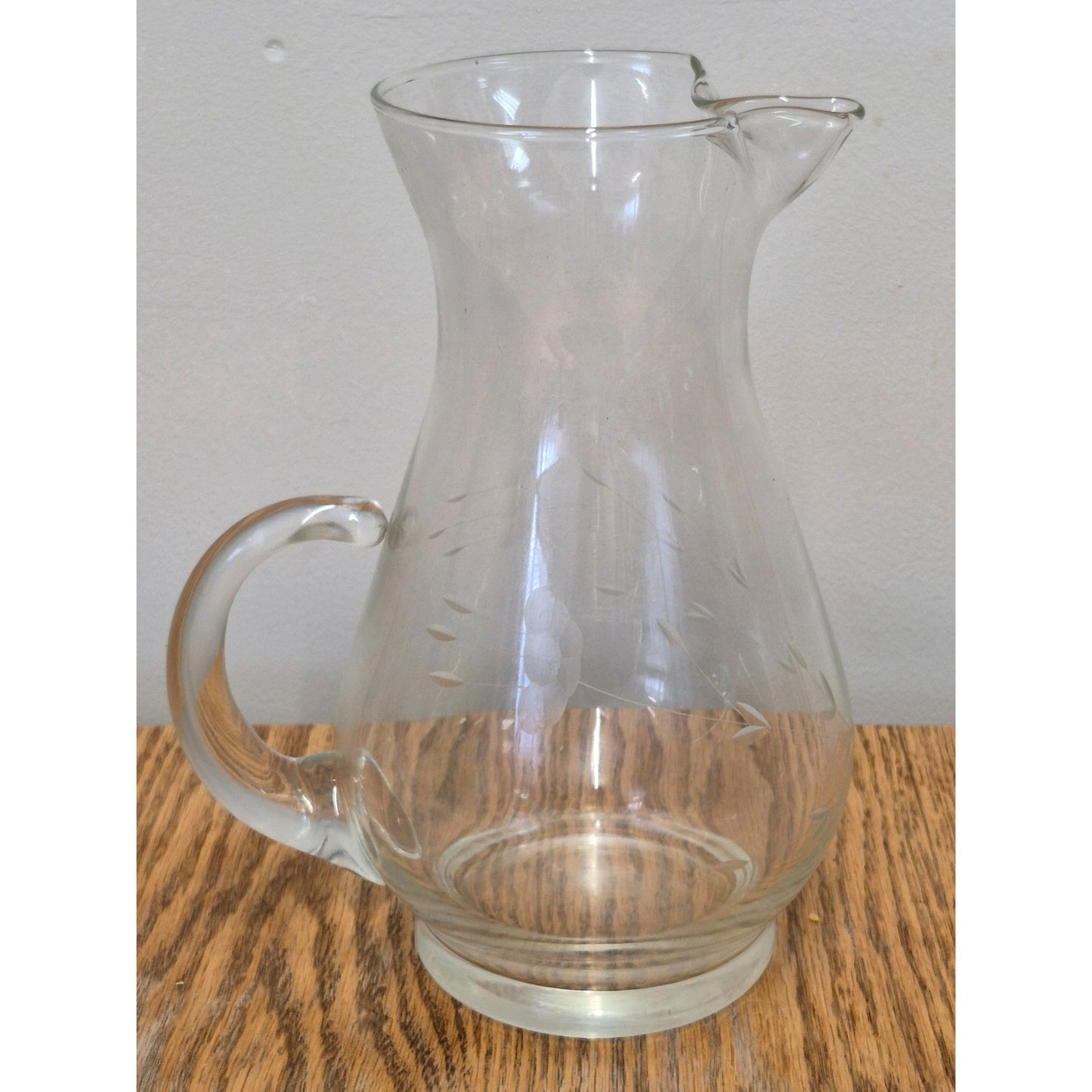 Vintage Clear Etched Glass Pitcher With Floral Design