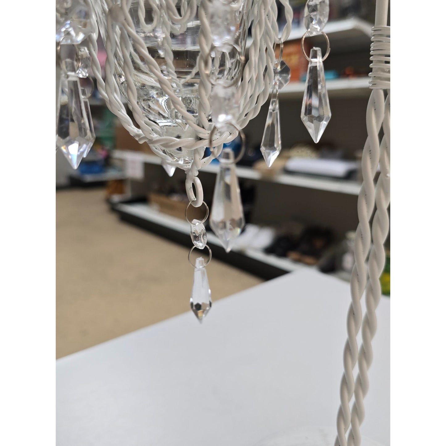 White Metal Candle Holder Votive Cups & Hanging Crystals Wedding Decor Centerpiece