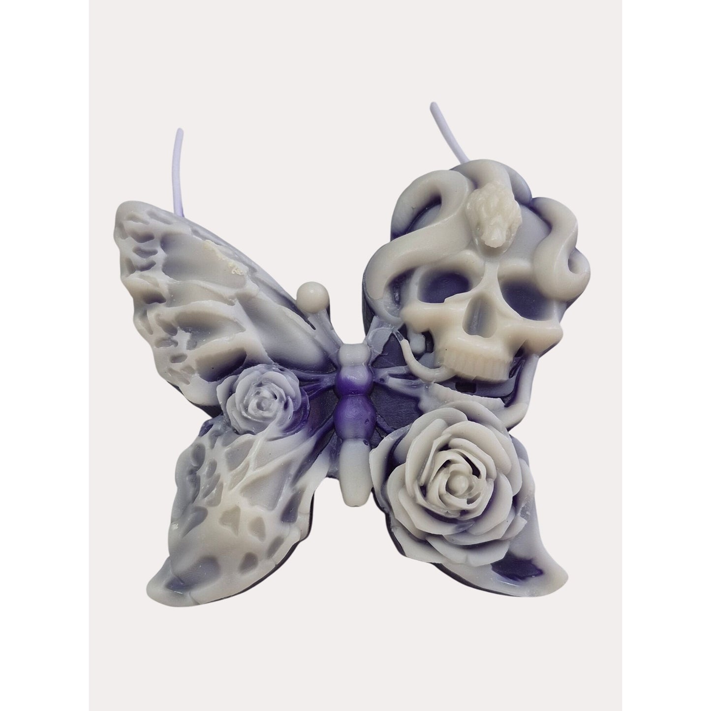 Handmade Purple & White Butterfly Skull Snake Candle Rose Details Gothic Decor