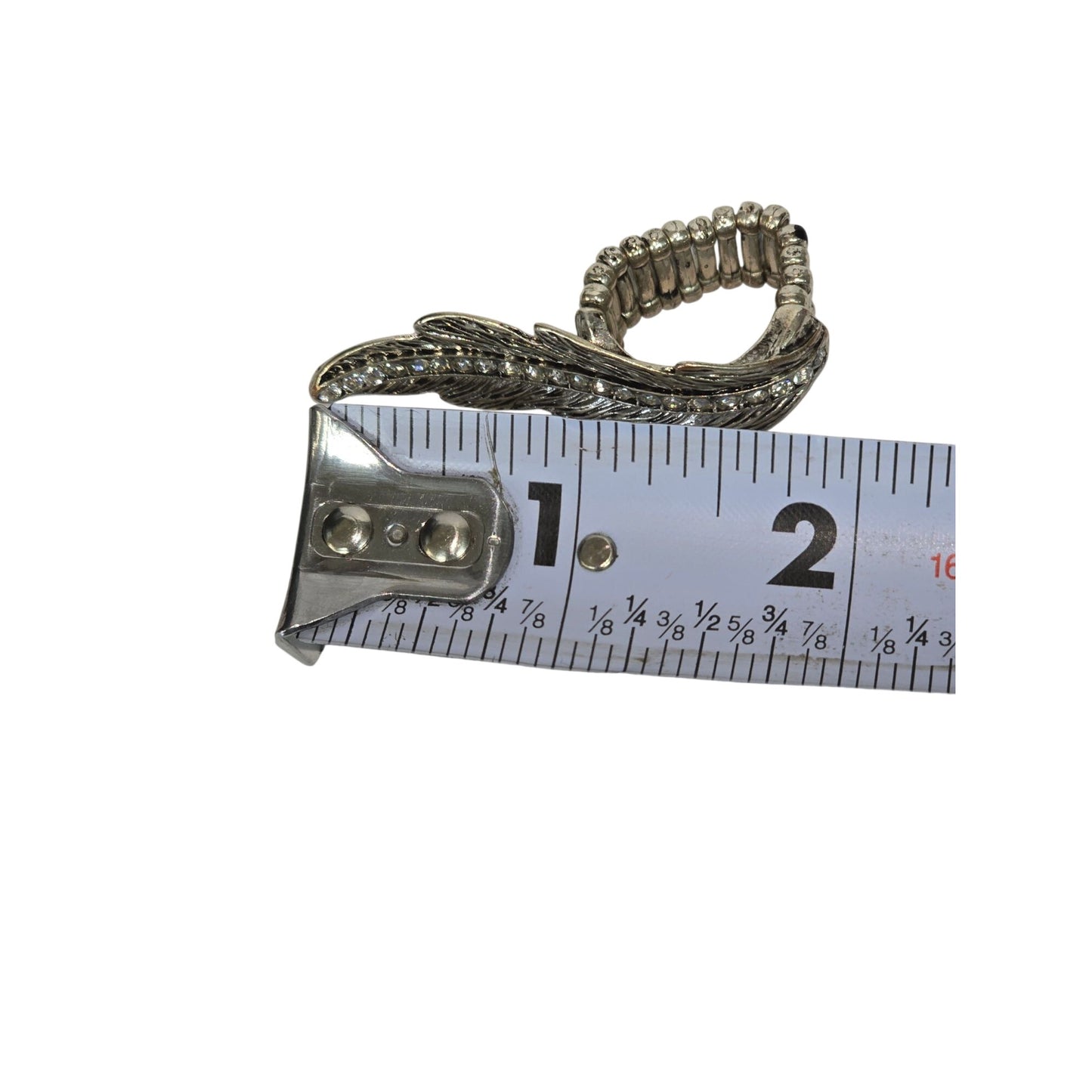 Silver Tone Adjustable Feather Ring Rhinestone Accents Statement Jewelry