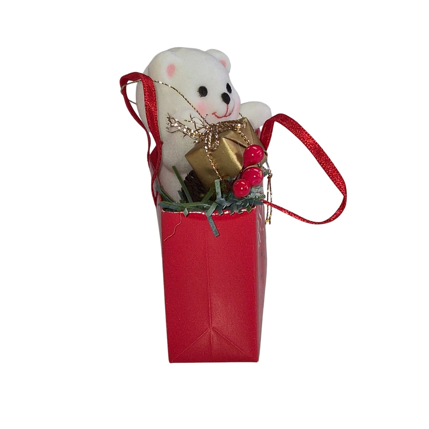 Holiday Bear Ornament In Red Gift Bag With "Cheers!" Message