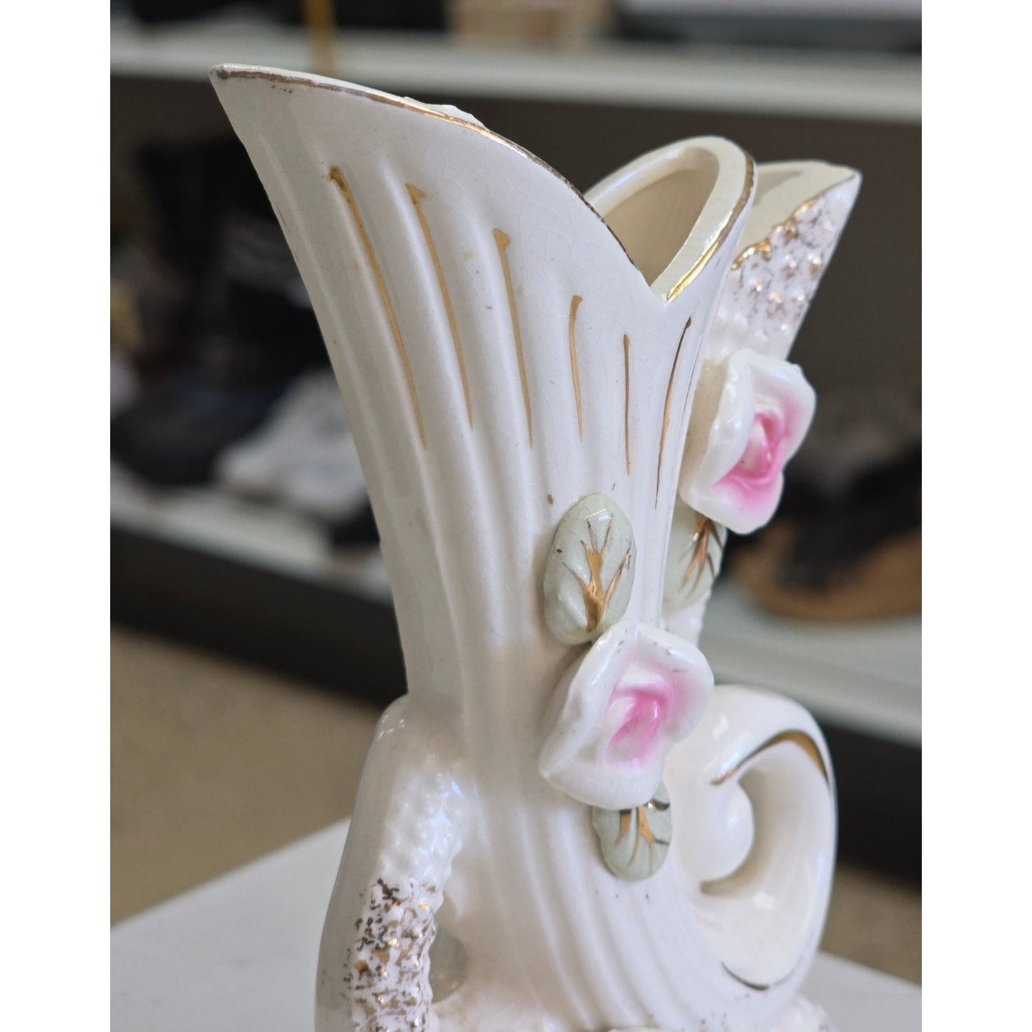 Vintage Ceramic Double Horn Vase Pink Rose Accents Gold Detailing