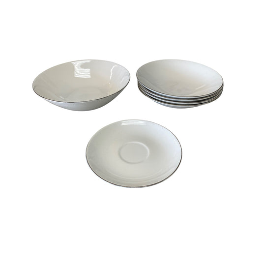 1 Large Bowl 4 Smaller Bowl 1 Small Plate Silver Trim