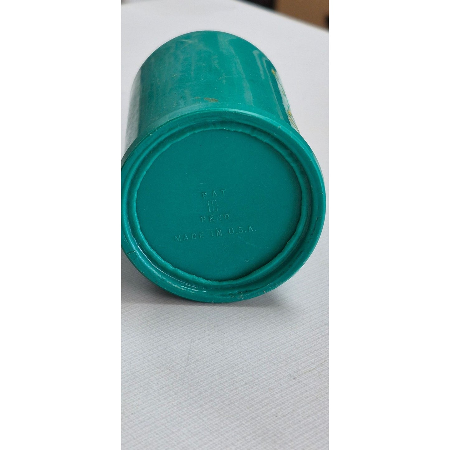 Vintage Waldorf General Products Chicago Curly Head Bottle Teal Yellow Empty