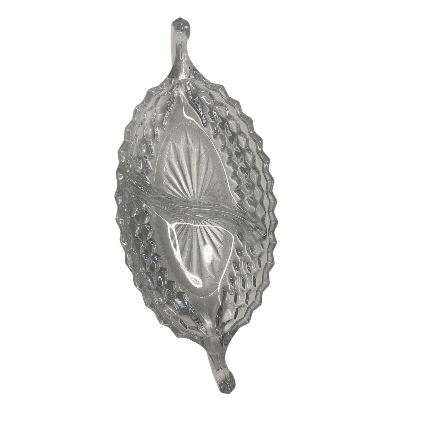 Vintage Clear Glass Divided Relish Dish With Handles Oval Shape 12-Inch Intricate Pattern Elegant Serveware For Dining & Entertaining