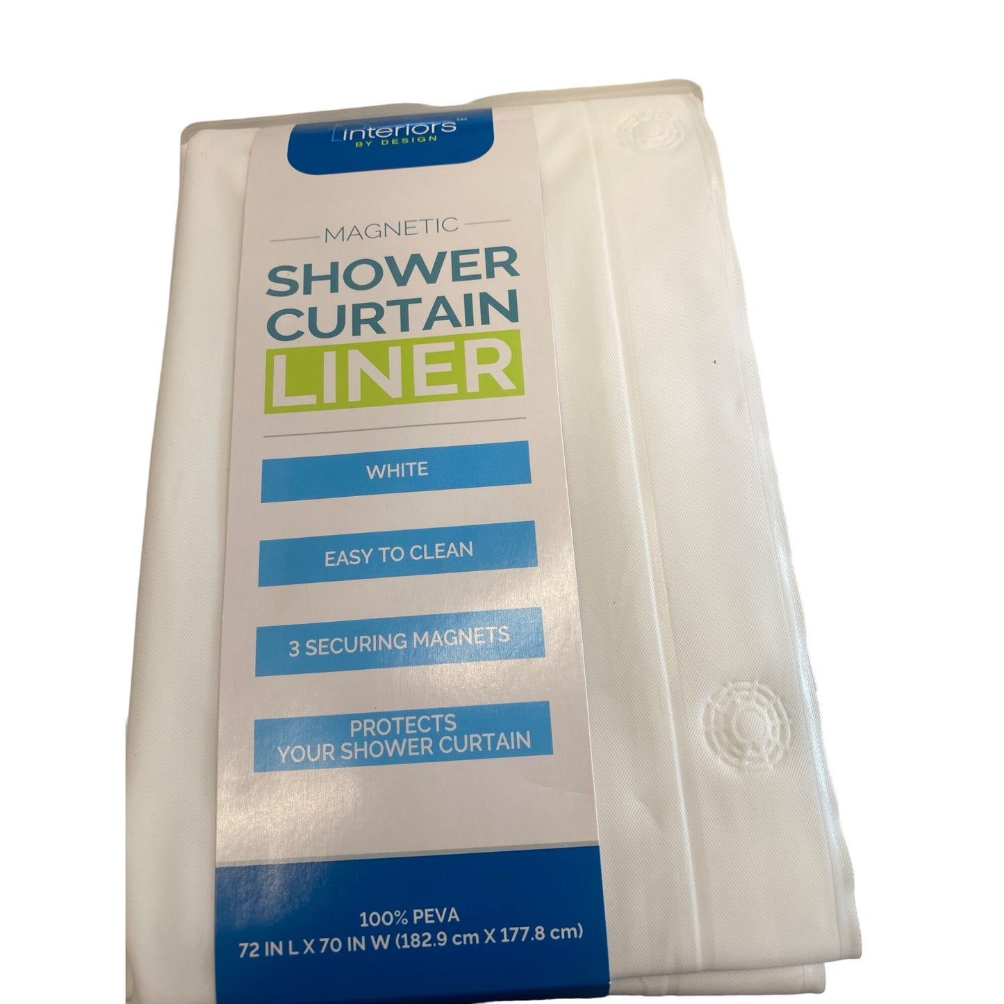 Interiors By Design Magnetic Shower Curtain Liner White 72" L X 70" W PEVA Easy To Clean 3 Securing Magnets