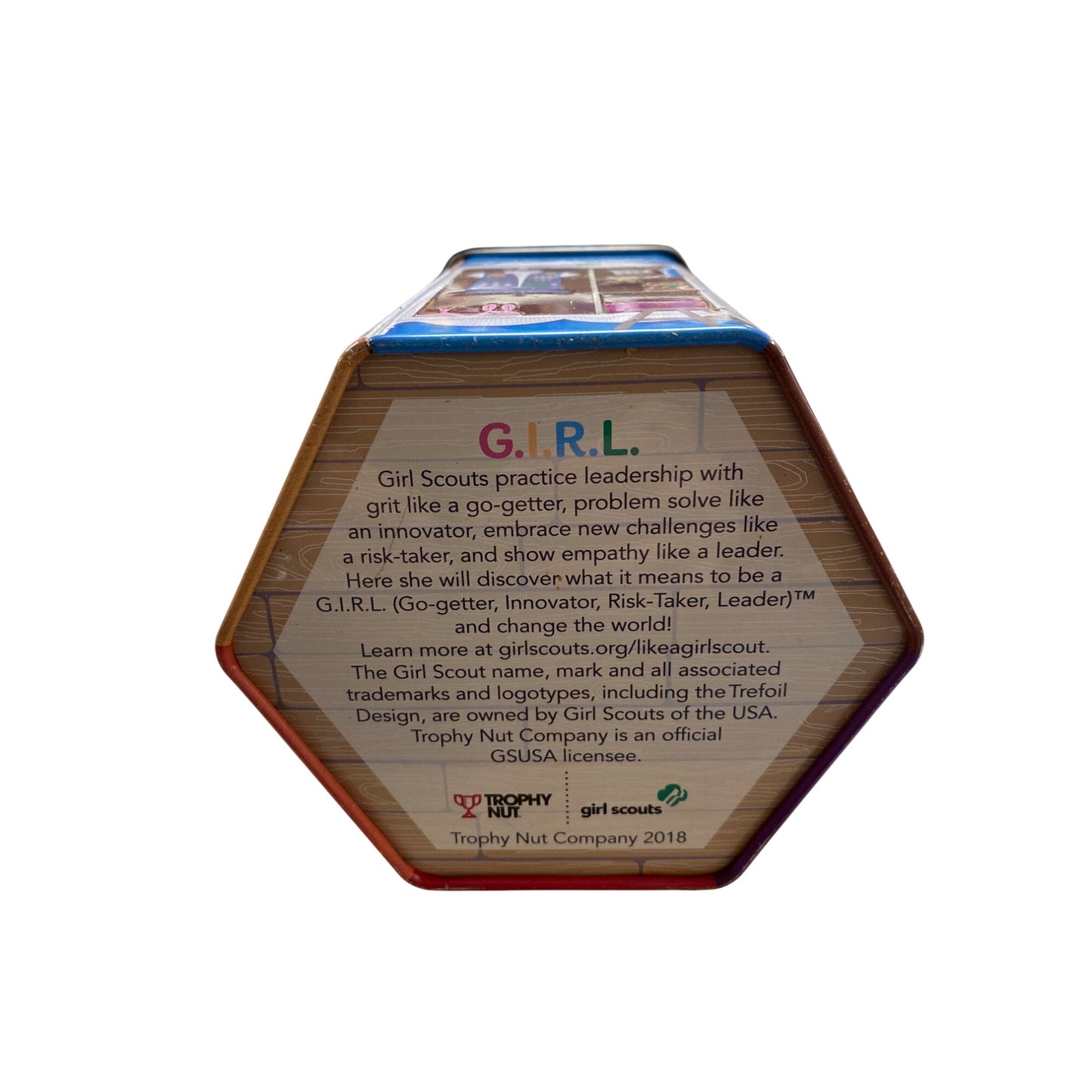 Girl Scouts Hexagonal Tin Box With Colorful Design & Emblems 2018
