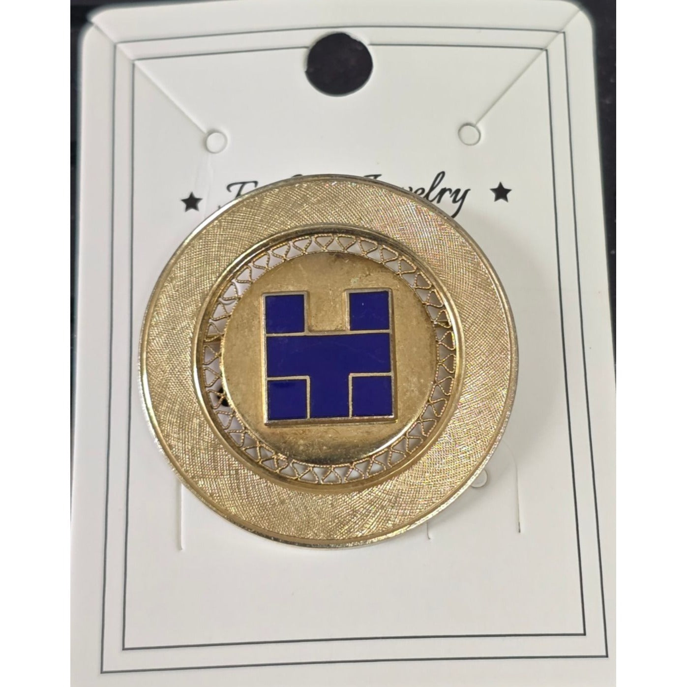 Vintage Gold-Tone Blue Enamel Round Brooch Pin With Intricate Filigree Design