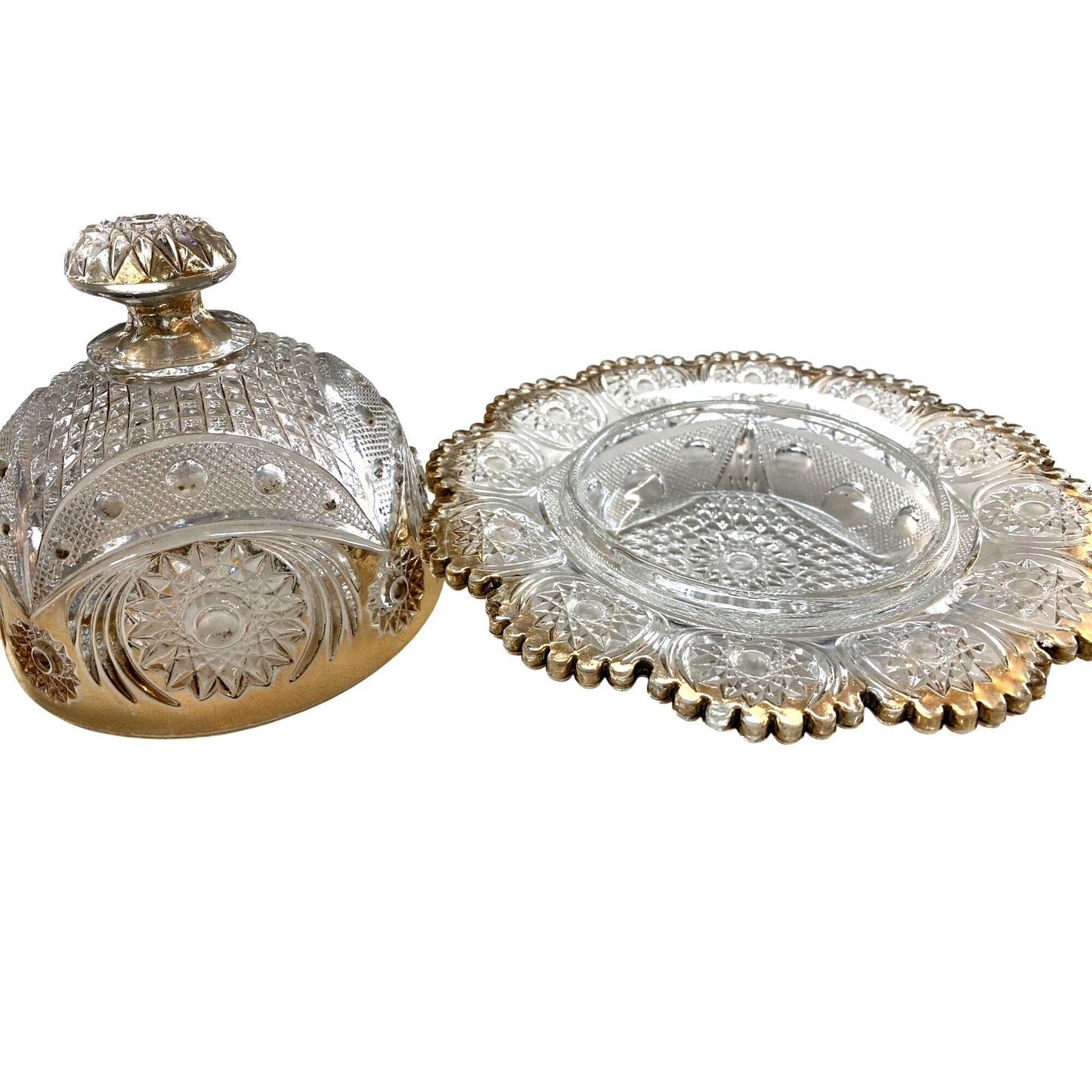 Vintage Glass Star and Crescent Domed Butter Dish