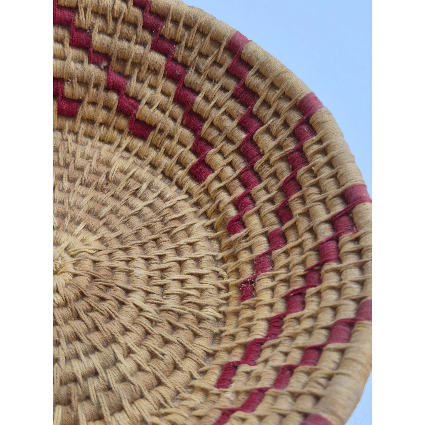 Handwoven Straw Basket With Red & Yellow Zigzag Pattern