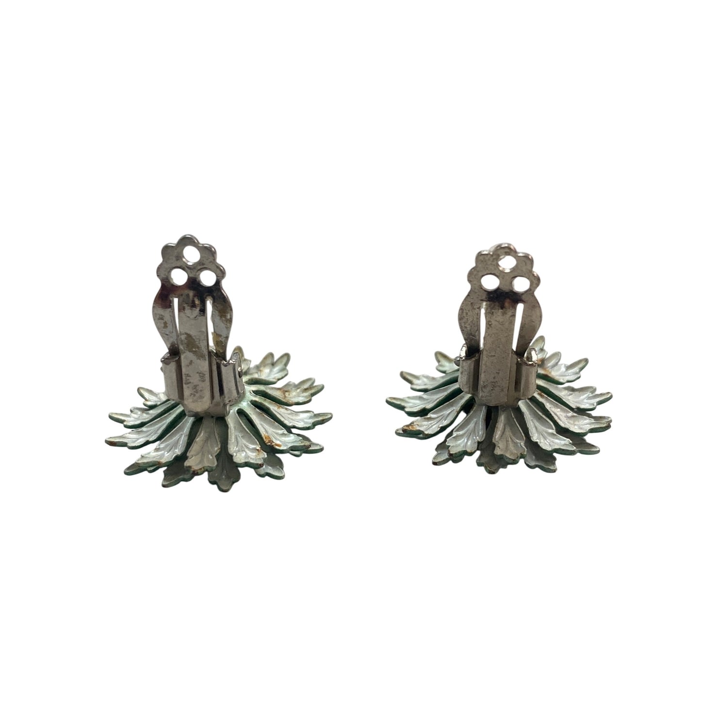 Vintage Green Floral Clip-On Earrings With Textured Leaf Design