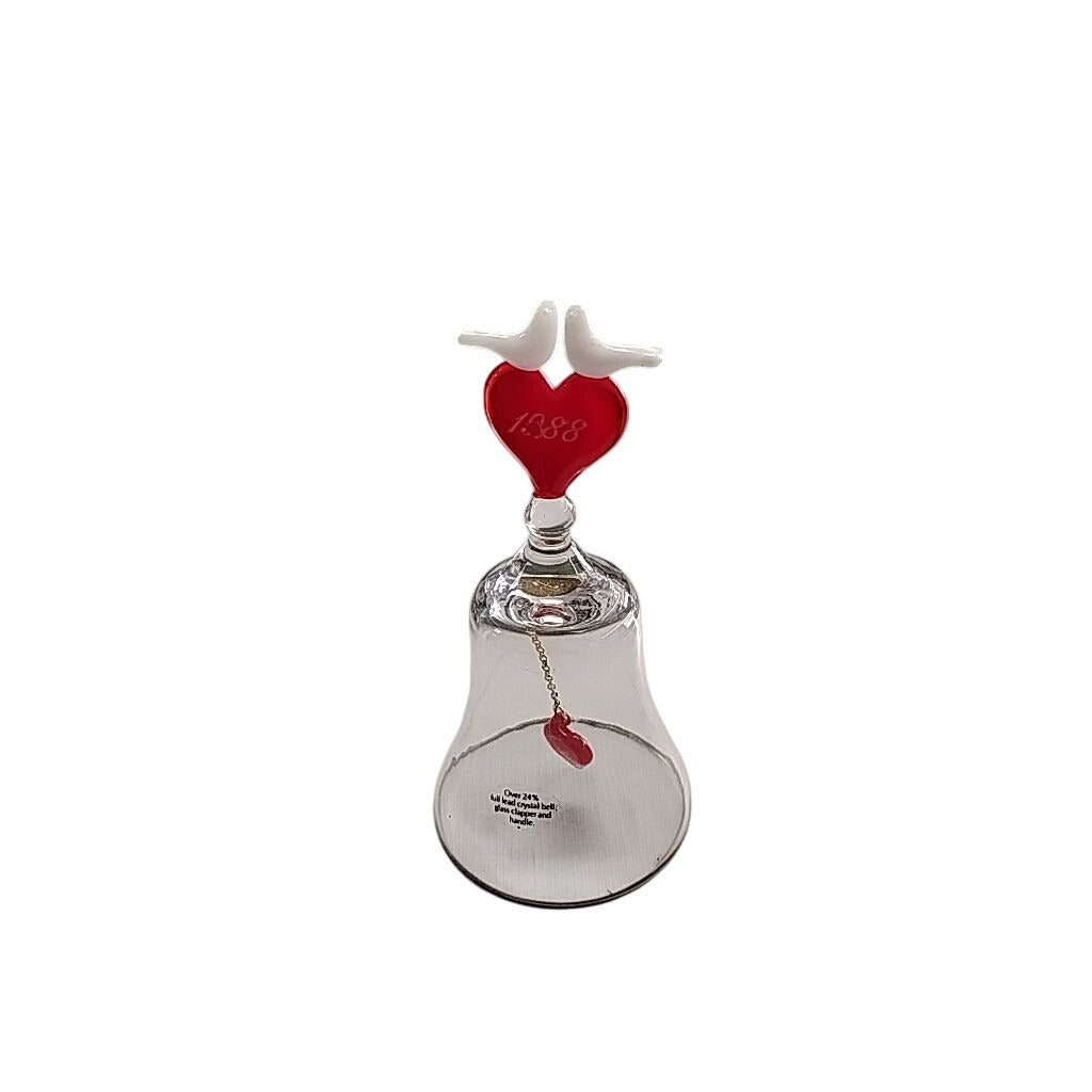 1988 Full Lead Crystal Bell With Heart & Dove Design Red Glass Clapper & Handle