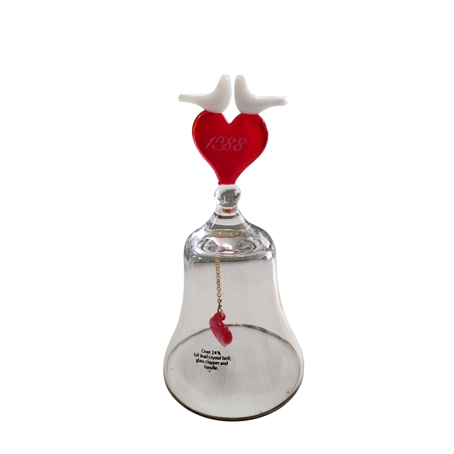 1988 Full Lead Crystal Bell With Heart & Dove Design Red Glass Clapper & Handle