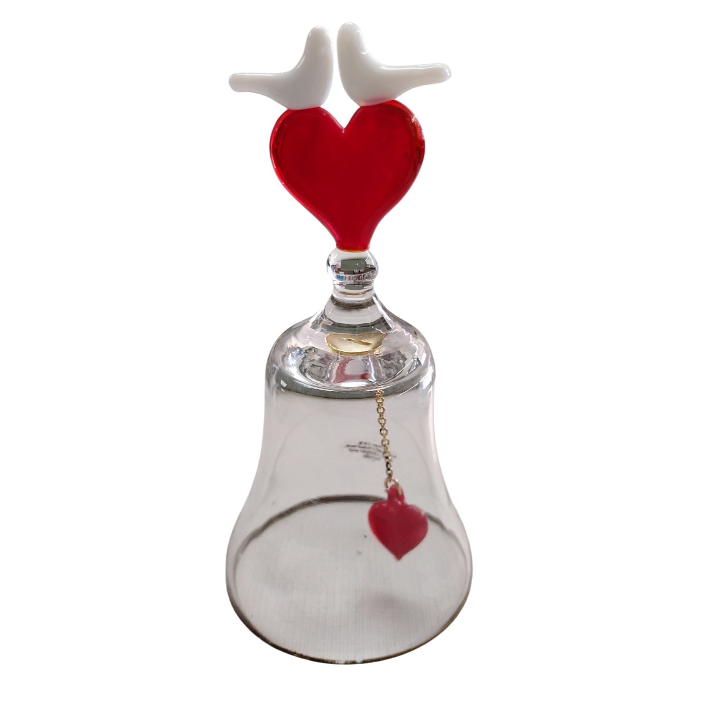 1988 Full Lead Crystal Bell With Heart & Dove Design Red Glass Clapper & Handle