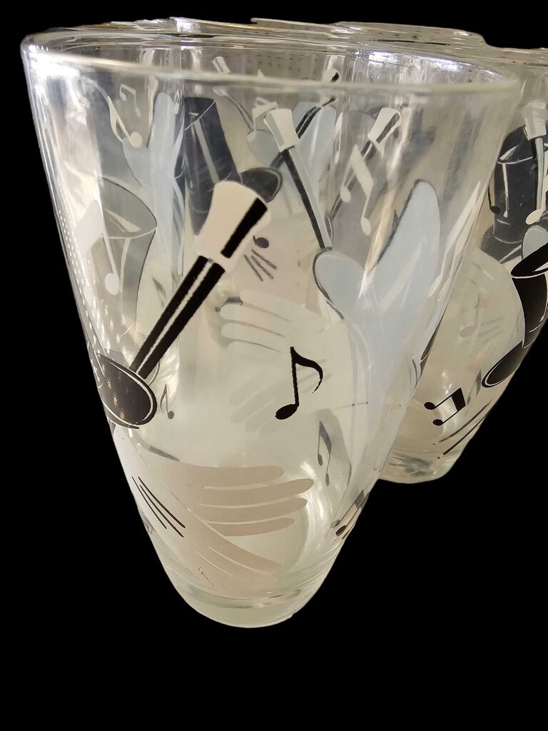 Vintage Highball Glasses Set 6 Top Hat white Glove Cane Music Notes