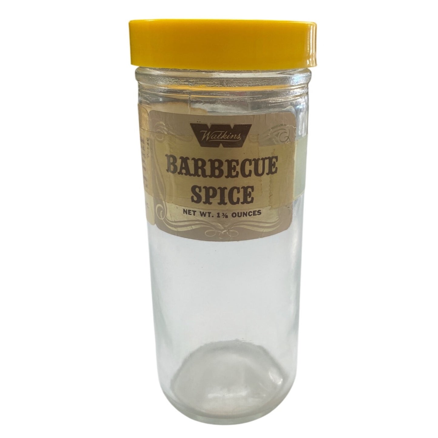 Vintage Watkins Barbecue Spice Glass Jar With Yellow Durkee Lid & Shaker Insert