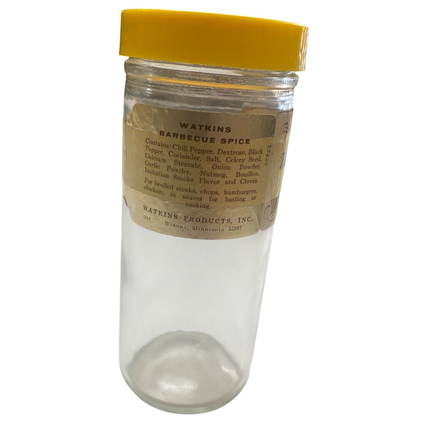 Vintage Watkins Barbecue Spice Glass Jar With Yellow Durkee Lid & Shaker Insert