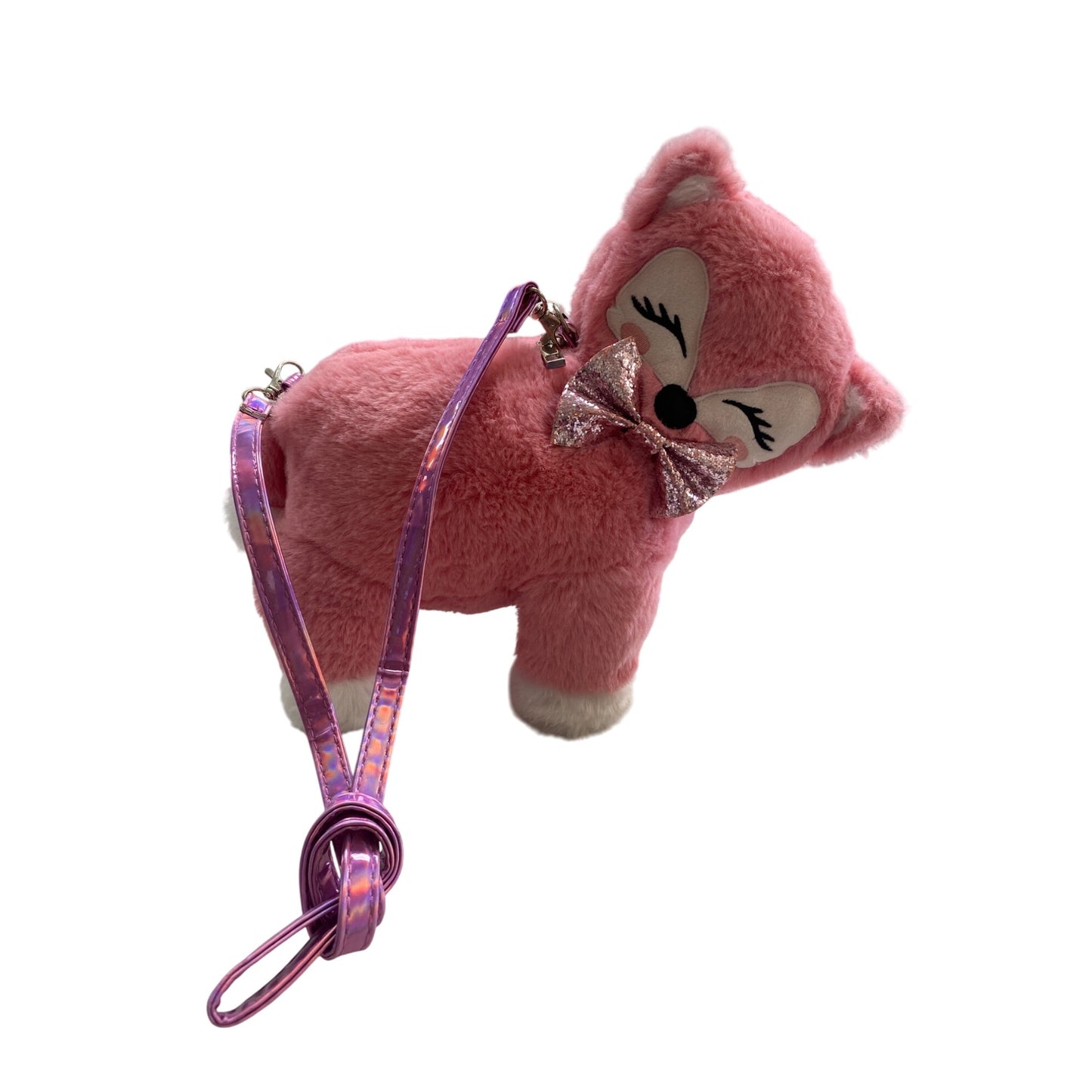 Pink Fox Plush Backpack With Glitter Bow & Adjustable Straps For Kids