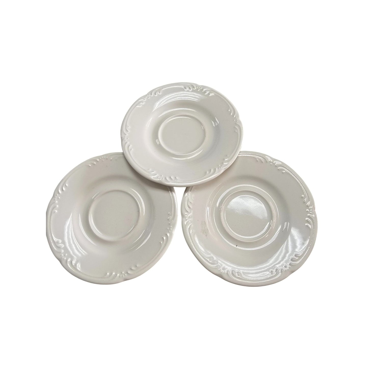 Pfaltzgraff White Saucers Embossed Design Vintage Style 6" Set 3