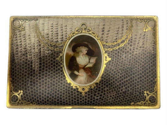 Victorian Tin Candy Box Latch Portrait Snakeskin Pattern 1800s Trinket Candy