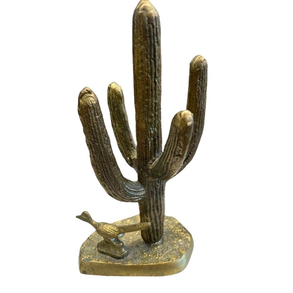 Vintage Brass Saguaro Catus and Roadrunner Statue 10"Tall