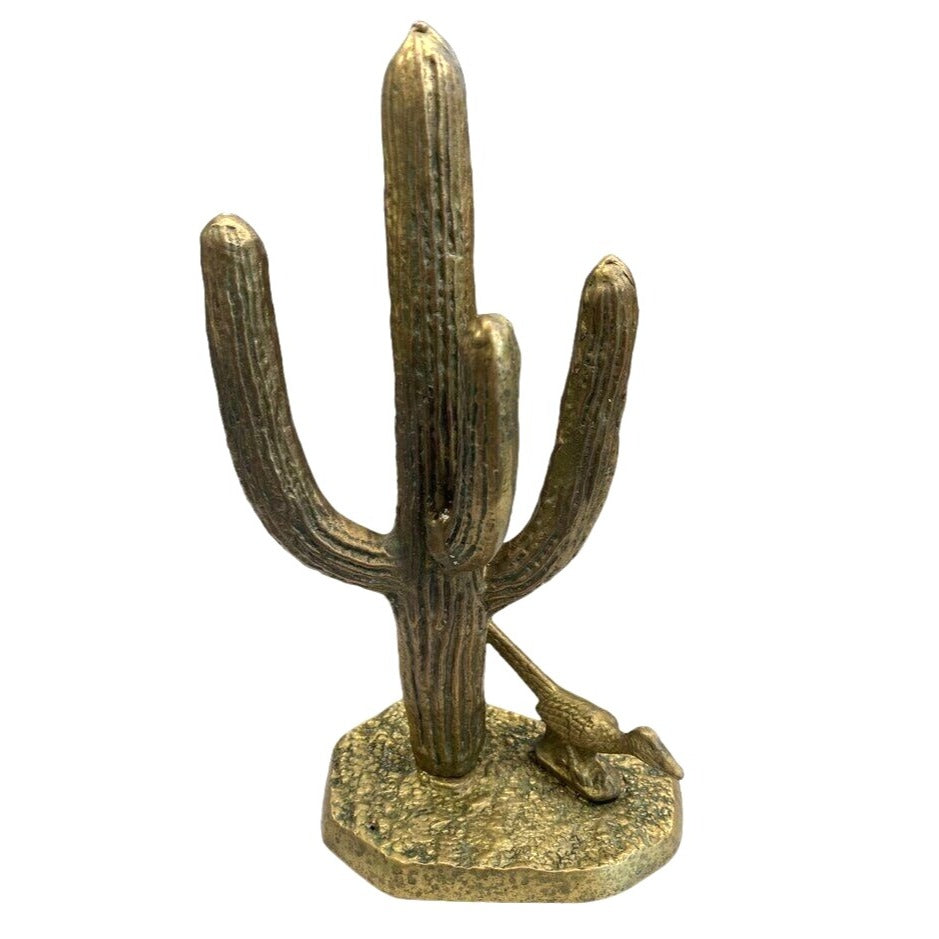 Vintage Brass Saguaro Catus and Roadrunner Statue 10"Tall