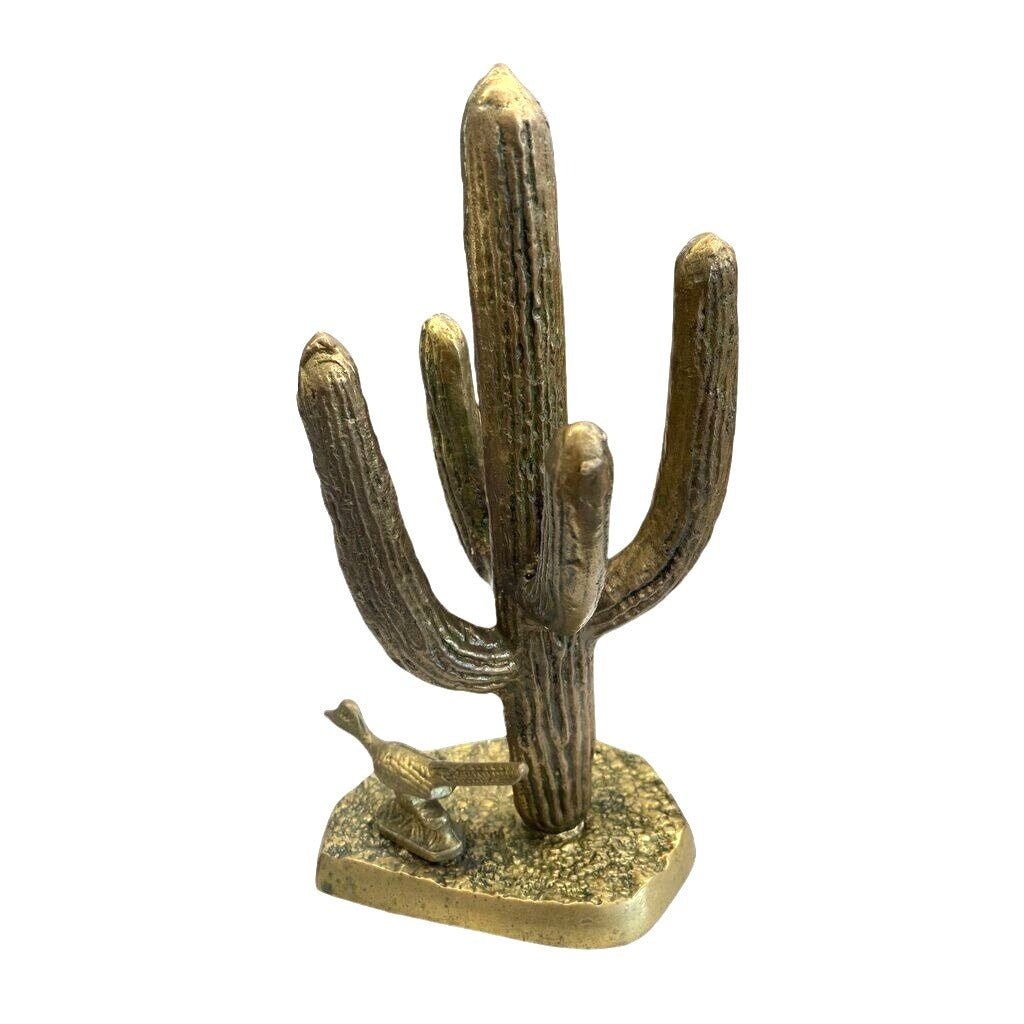 Vintage Brass Saguaro Catus and Roadrunner Statue 10"Tall