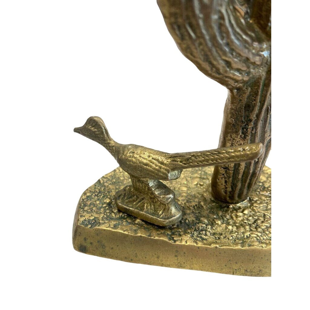 Vintage Brass Saguaro Catus and Roadrunner Statue 10"Tall