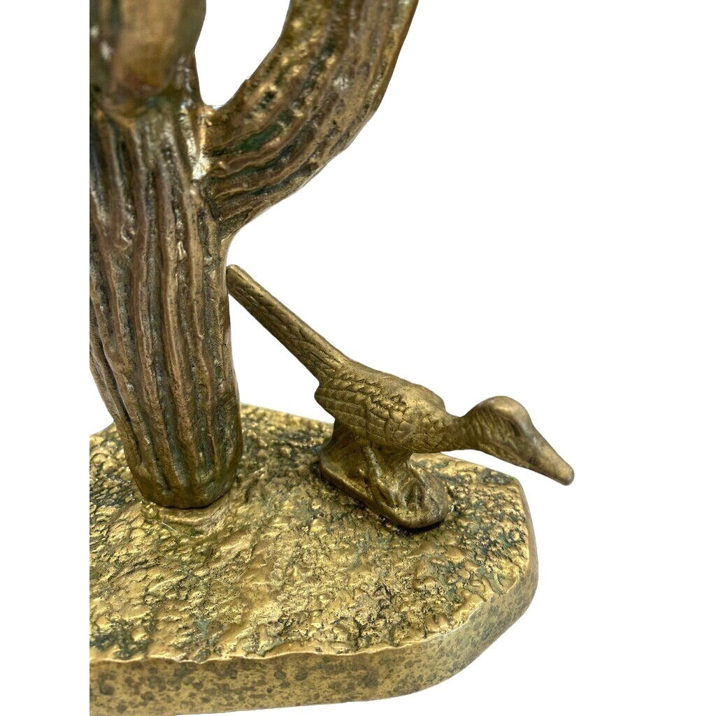 Vintage Brass Saguaro Catus and Roadrunner Statue 10"Tall