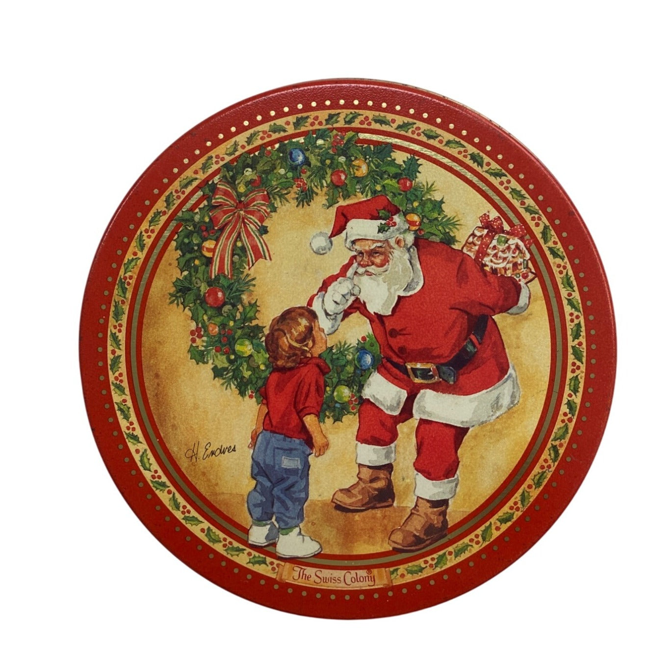 Vintage Christmas Tin With Santa Claus & Child Design