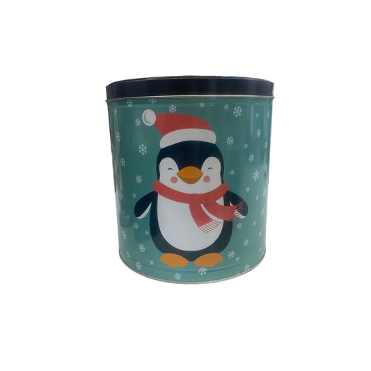 Penguin-Themed Holiday Tin With Lid Filled With Clancys Popcorn Mix EMPTY