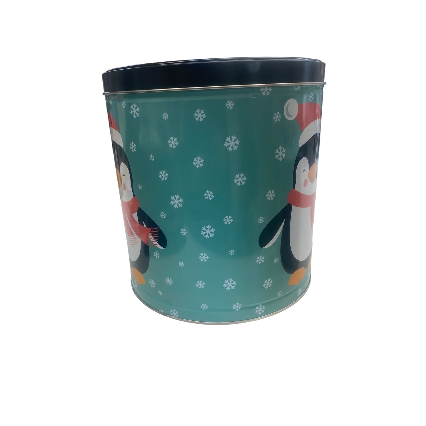 Penguin-Themed Holiday Tin With Lid Filled With Clancys Popcorn Mix EMPTY