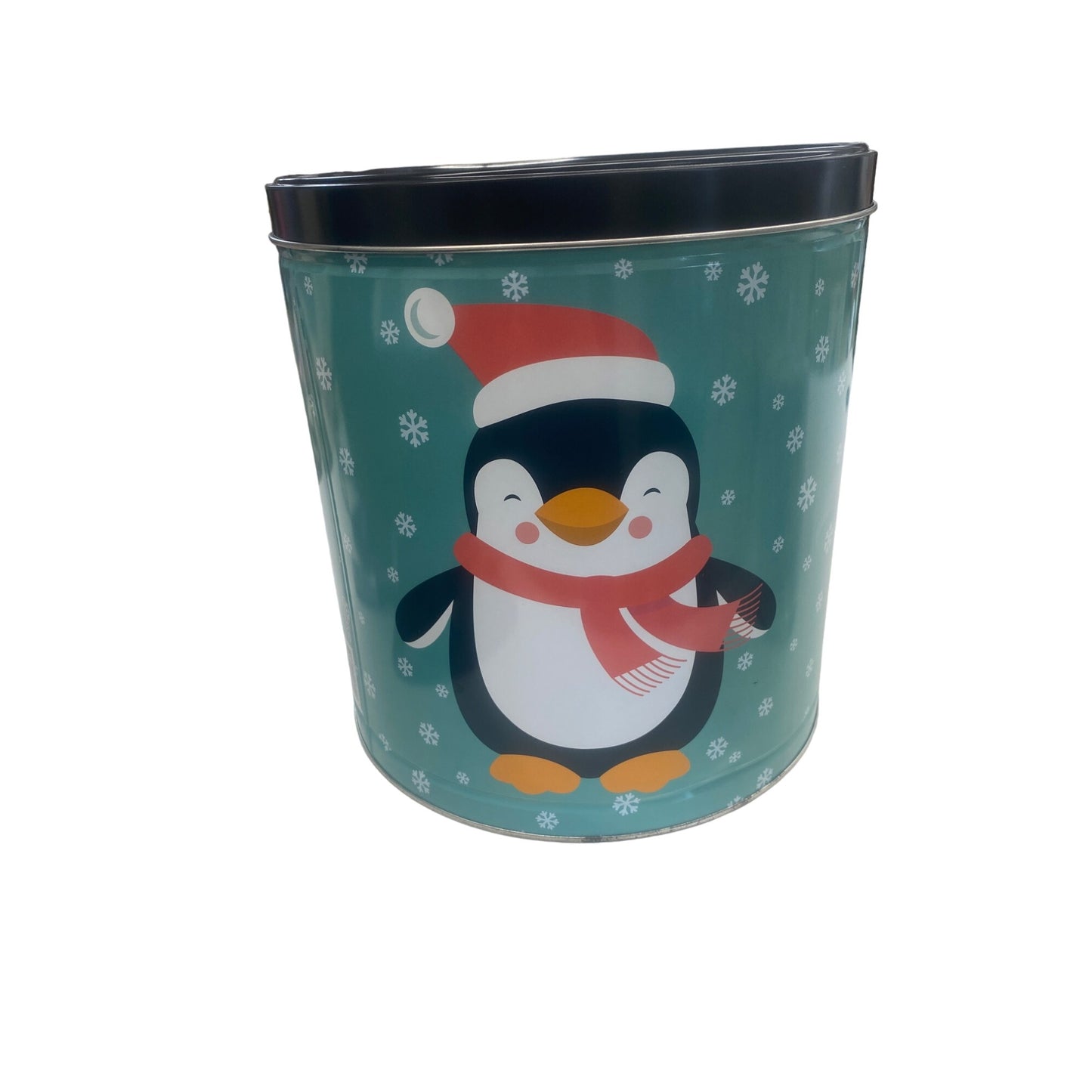 Penguin-Themed Holiday Tin With Lid Filled With Clancys Popcorn Mix EMPTY
