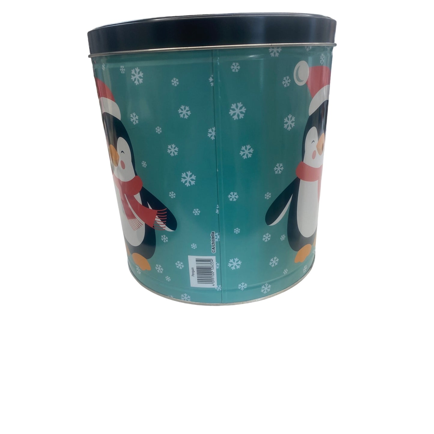 Penguin-Themed Holiday Tin With Lid Filled With Clancys Popcorn Mix EMPTY