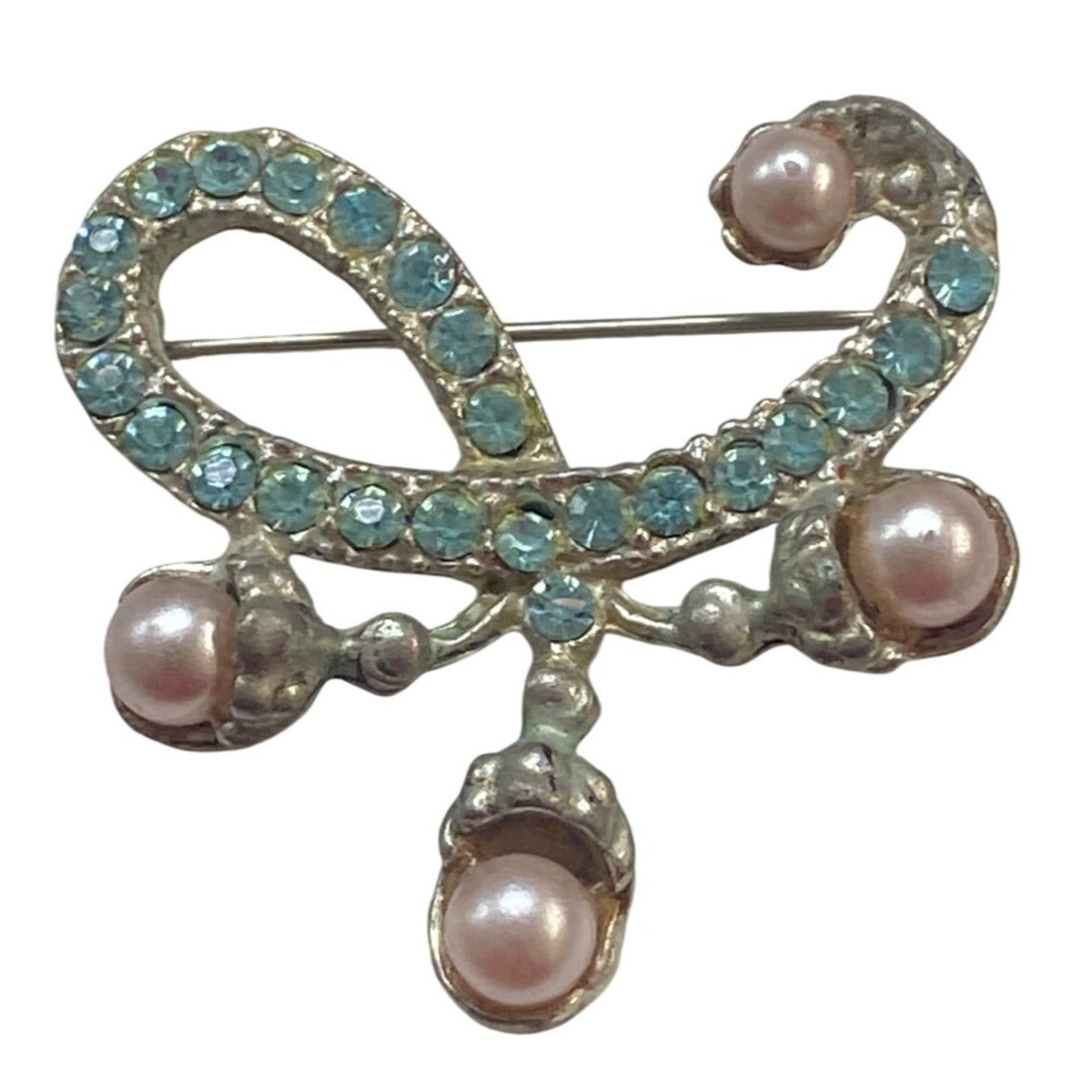 Vintage Silver Tone Rhinestone & Faux Pearl Brooch Pin
