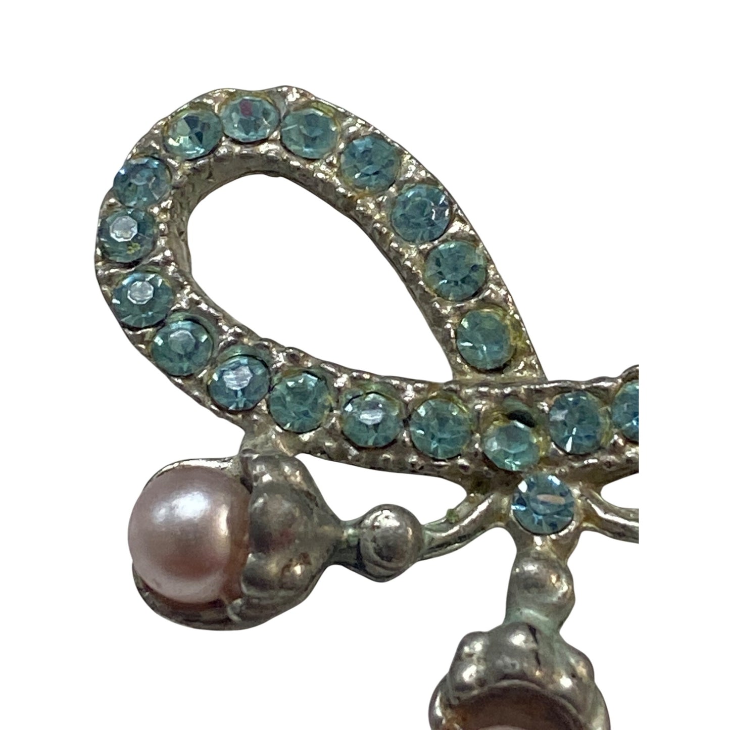 Vintage Silver Tone Rhinestone & Faux Pearl Brooch Pin