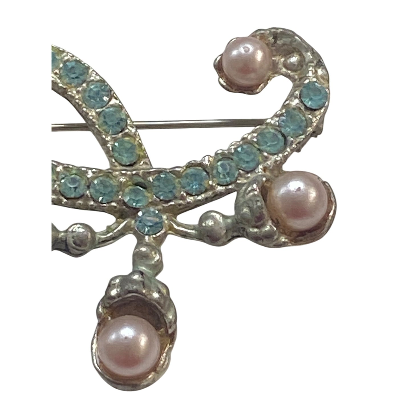 Vintage Silver Tone Rhinestone & Faux Pearl Brooch Pin