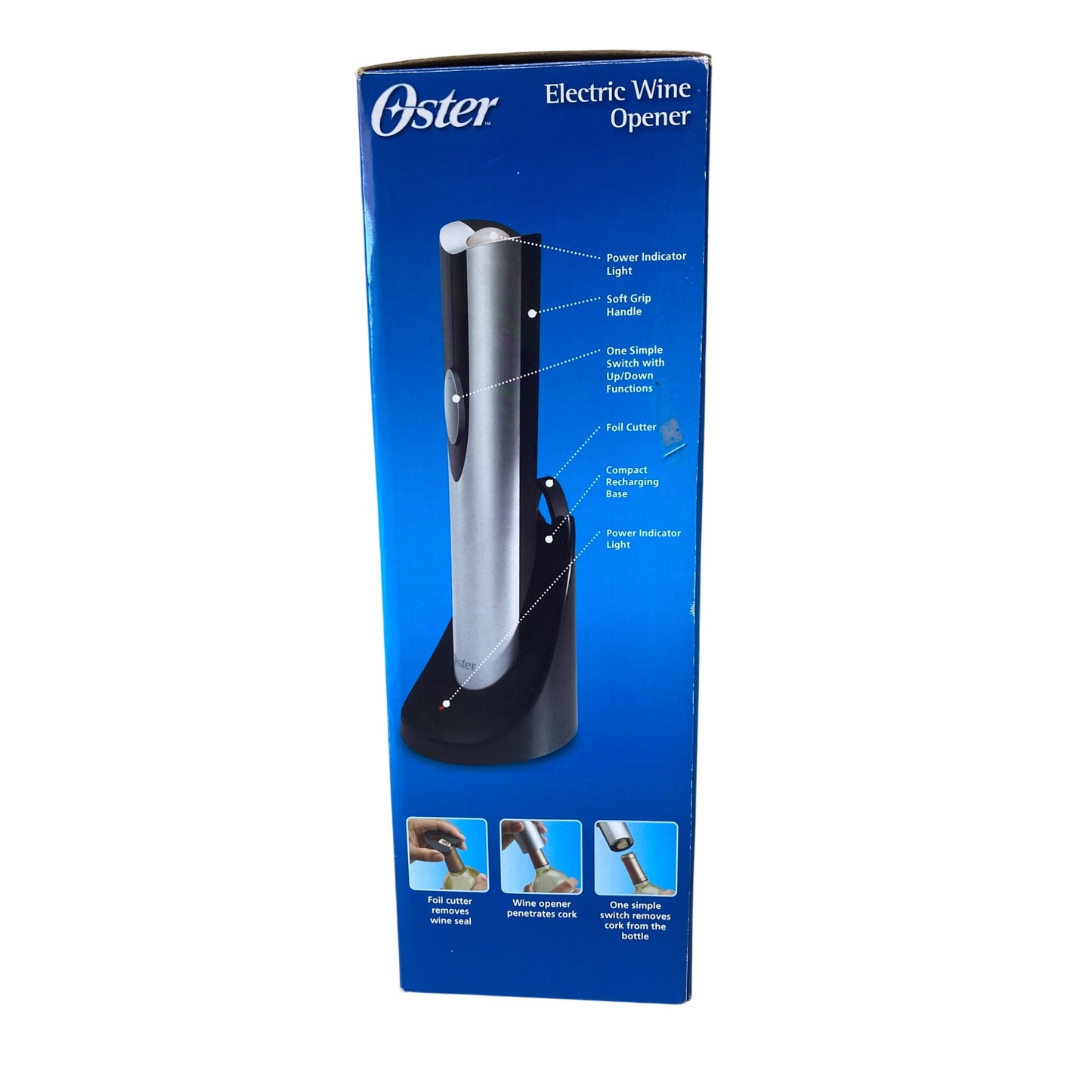 Oster Electric Wine Opener Rechargeable Cordless Soft Grip Handle With Foil Cutter & Wine Seal Removal Tool