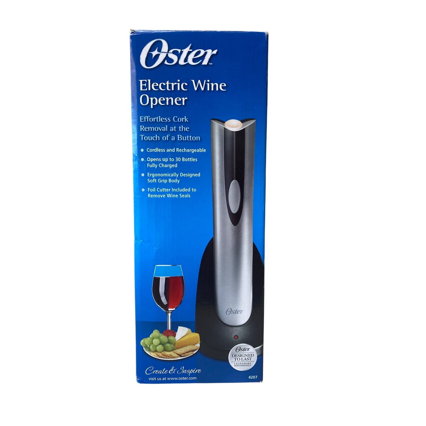 Oster Electric Wine Opener Rechargeable Cordless Soft Grip Handle With Foil Cutter & Wine Seal Removal Tool