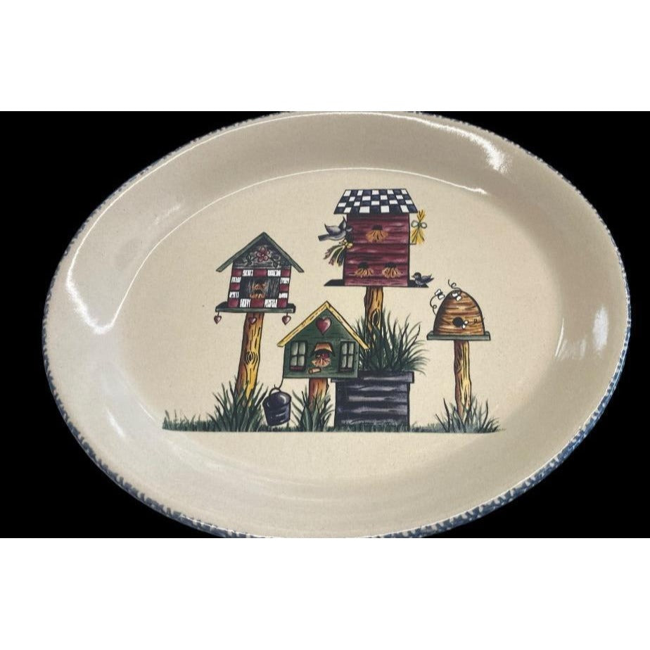 Vintage Home & Garden Party Birdhouse Oval Stoneware Platter