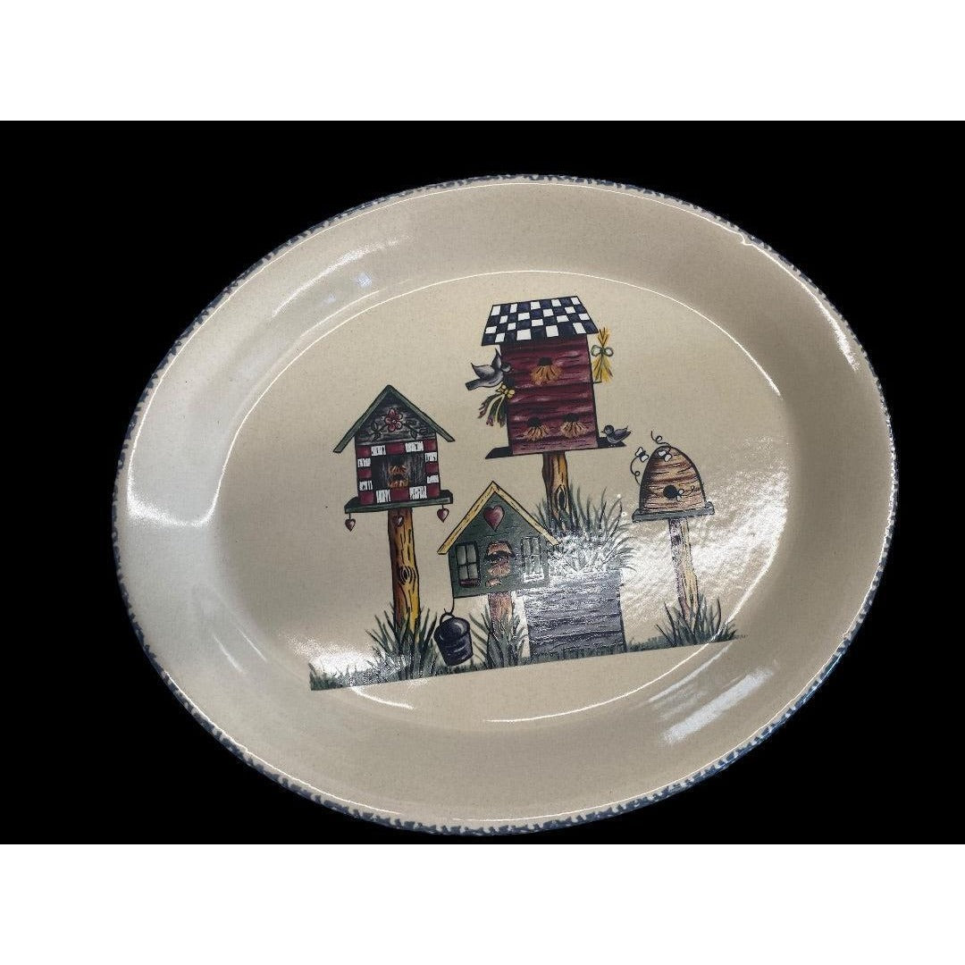 Vintage Home & Garden Party Birdhouse Oval Stoneware Platter