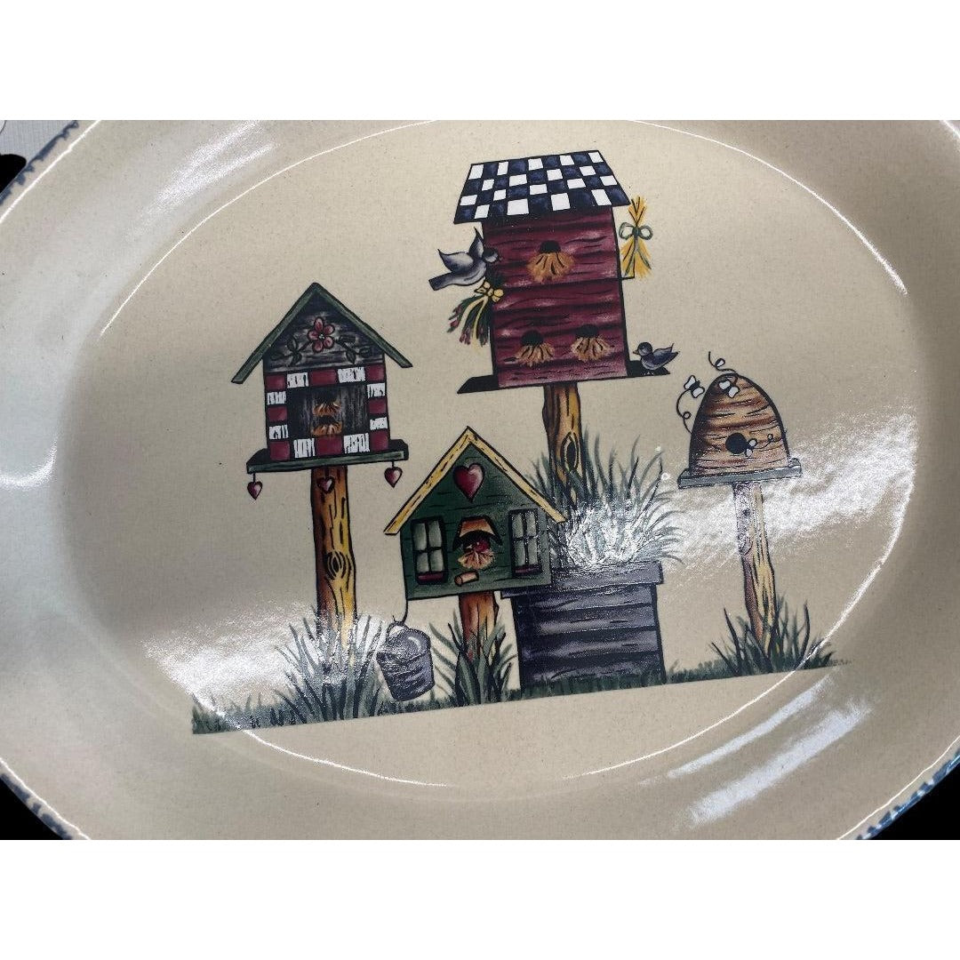 Vintage Home & Garden Party Birdhouse Oval Stoneware Platter
