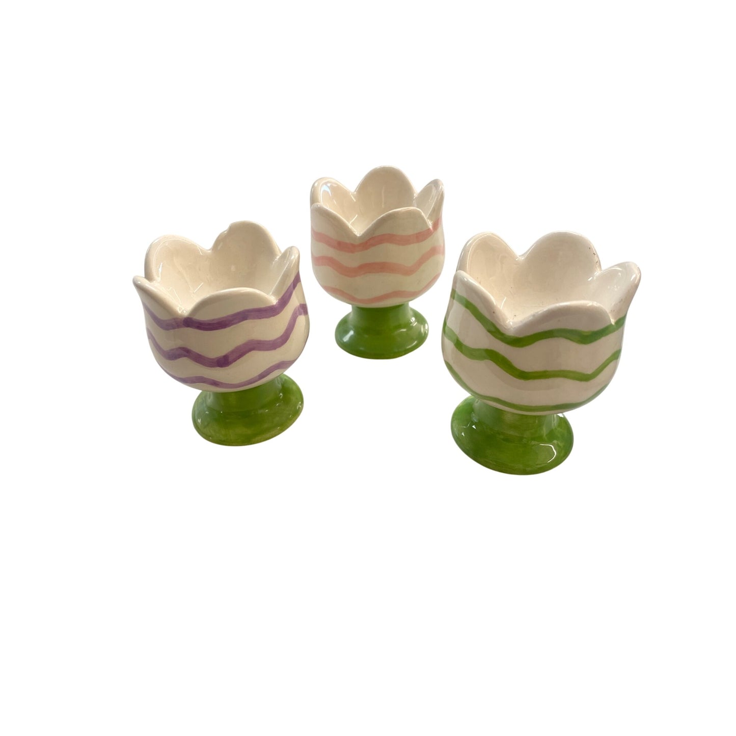 Set Of 3 Ceramic Tulip Egg Cups With Pastel Stripes In Purple Pink & Green