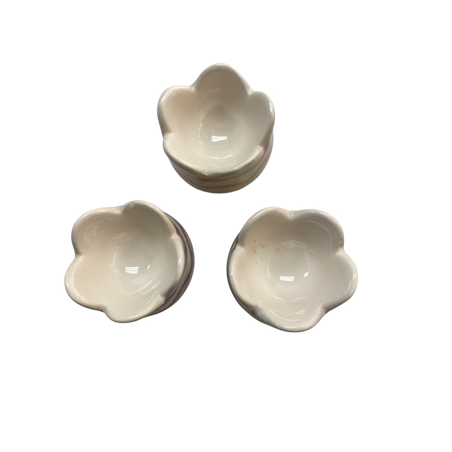 Set Of 3 Ceramic Tulip Egg Cups With Pastel Stripes In Purple Pink & Green